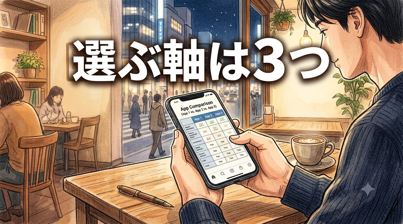 アプリの比較表をチェックする男性の手元