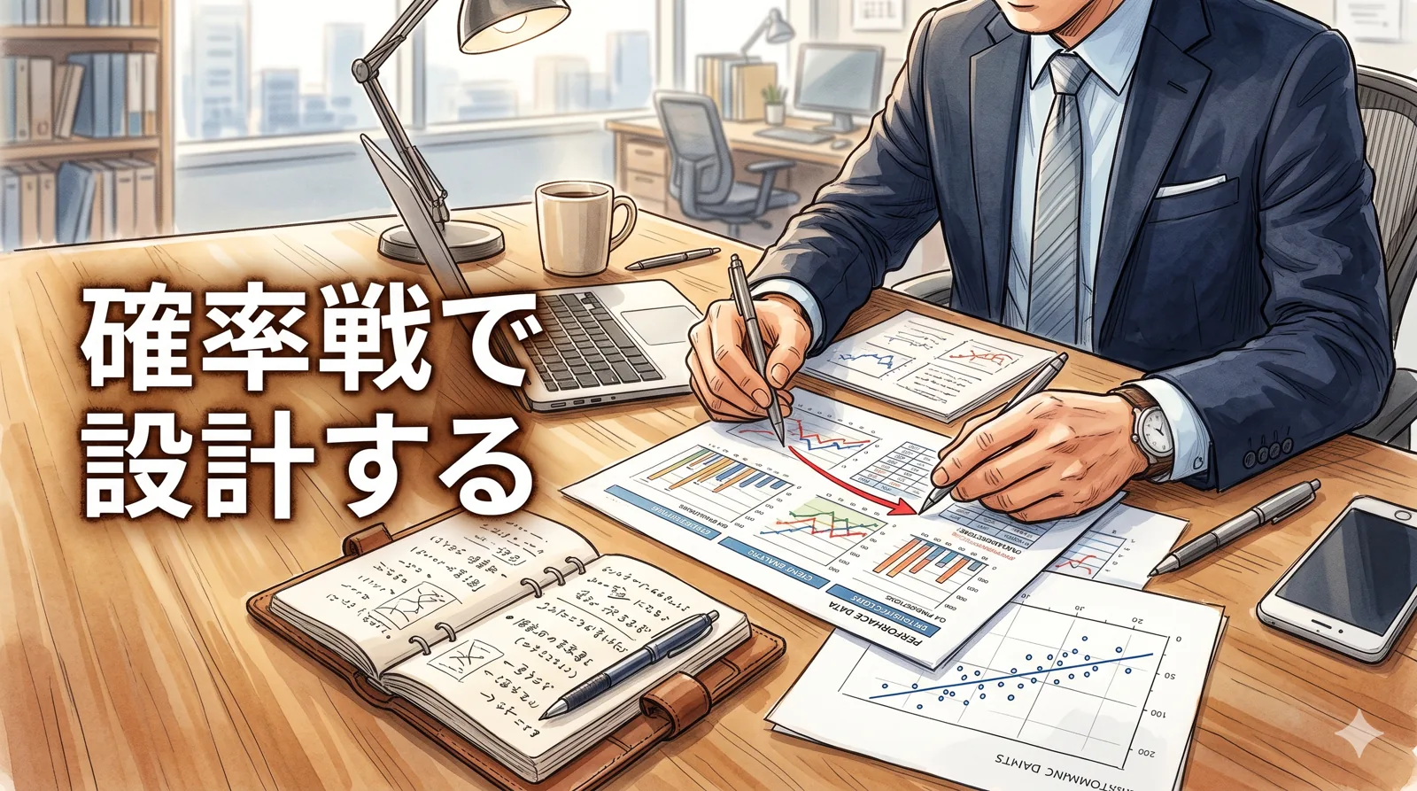 データのグラフを眺めて分析するビジネスマンの手元
