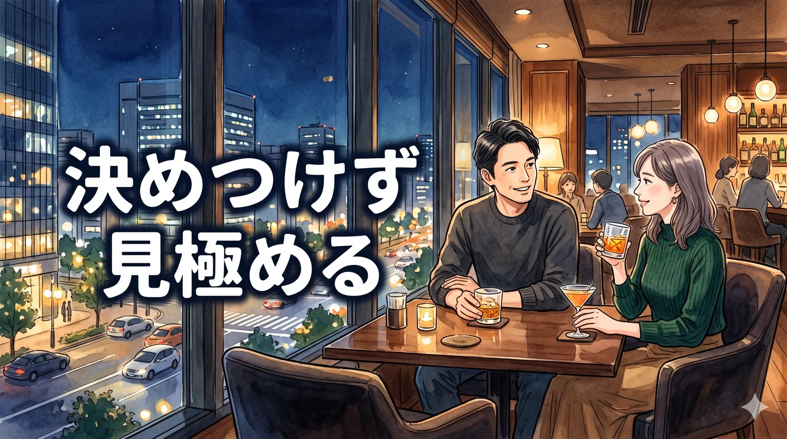 夜景の見えるバーで穏やかに語り合う男女