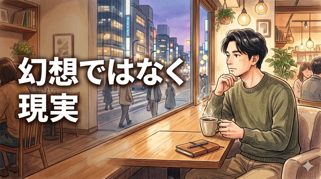 窓辺でコーヒー片手に考えごとをする落ち着いた雰囲気の男性