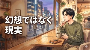 窓辺でコーヒー片手に考えごとをする落ち着いた雰囲気の男性