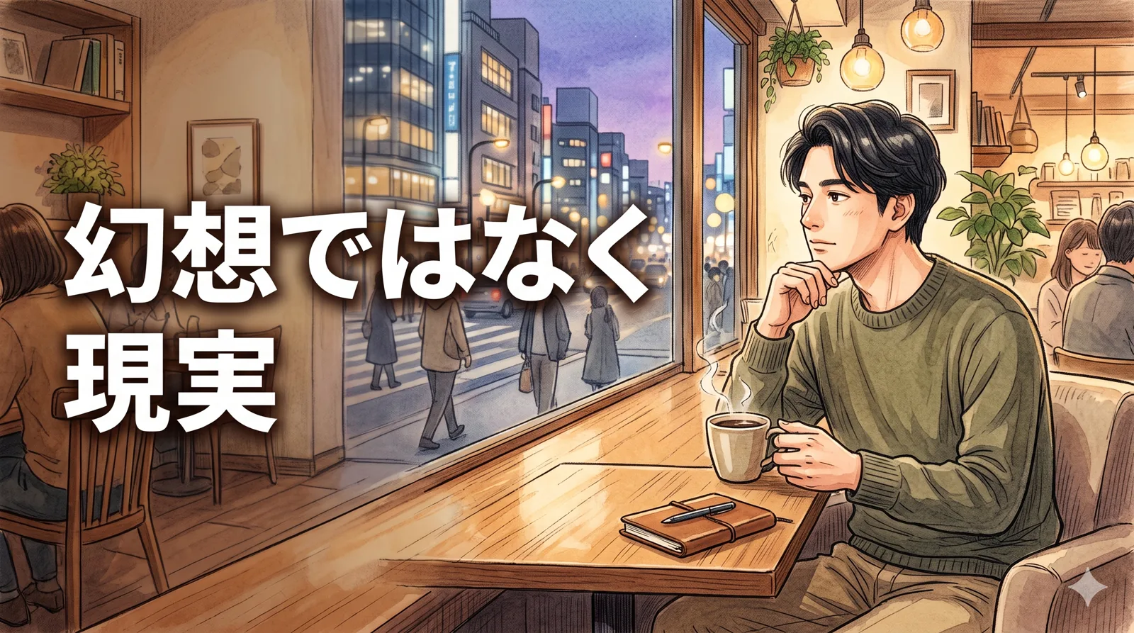 窓辺でコーヒー片手に考えごとをする落ち着いた雰囲気の男性