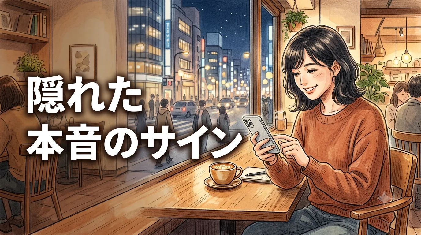 カフェの窓際で微笑みながらスマホを操作する若い女性