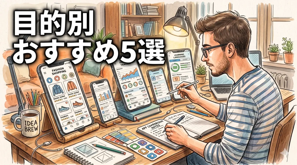 複数のスマホアプリを比較検討する男性のデスク周り