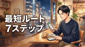 都会のカフェでスマホを見ながら落ち着いて微笑む20代後半の男性